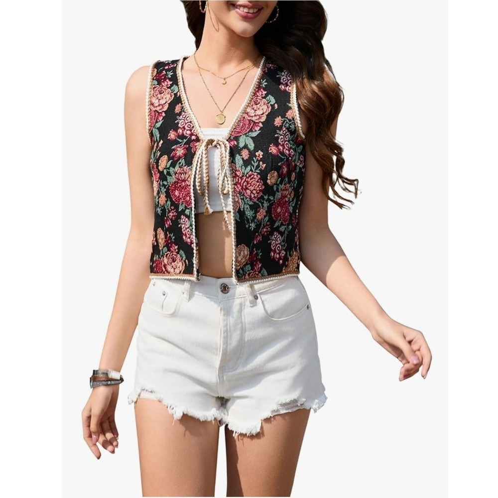 Size 2XL | Black Floral Embroidered Tie Front Vintage Crochet Vest Women